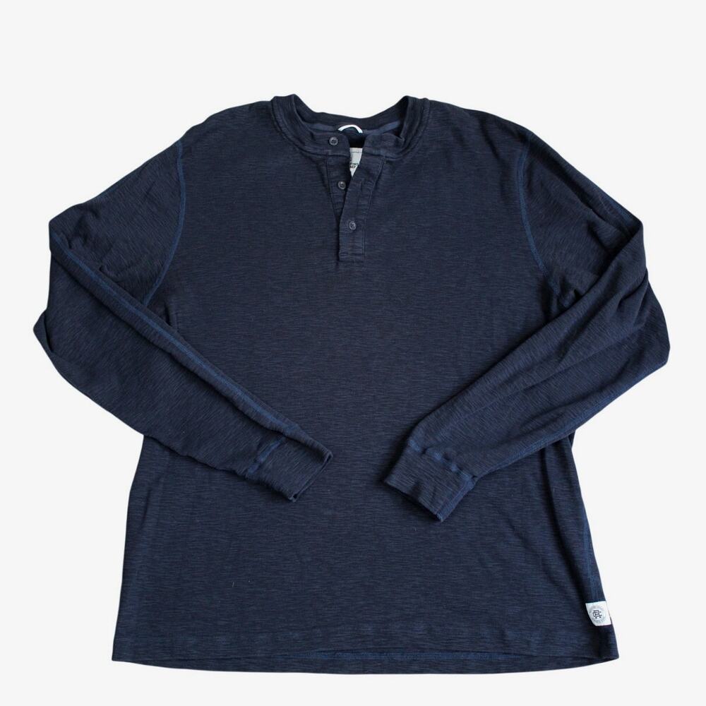 Reigning Champ Slub Henley Shirt Mens Large Blue Ribbed Cotton Long Sleeve